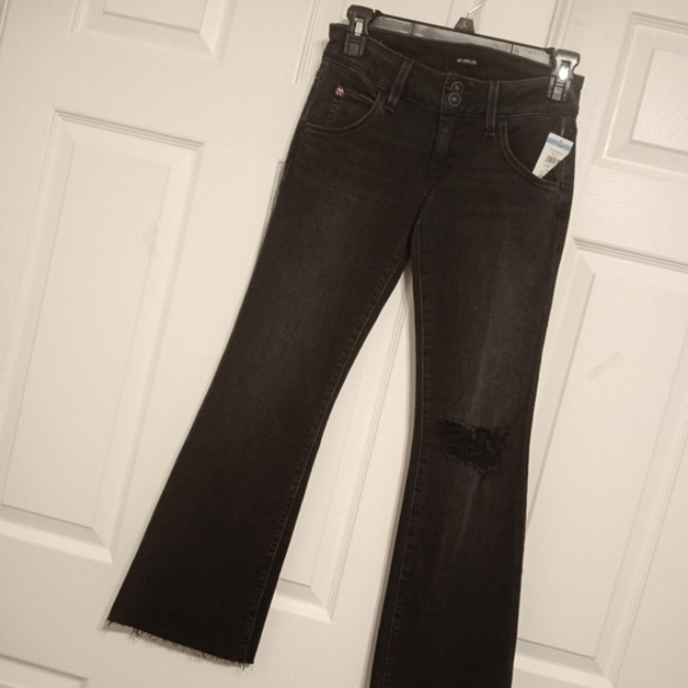 NEW Hudson Jeans Bootcut Dark Wash Frayed Hem Distressed Denim Black Sz 24